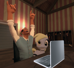 Size: 839x768 | Tagged: safe, artist:asktheblumedic, derpy hooves, pegasus, pony, g4, 3d, computer, female, glasses, gmod, laptop computer, mare, medic, medic (tf2), team fortress 2