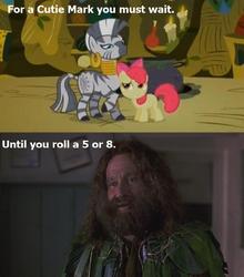 Size: 865x982 | Tagged: safe, apple bloom, zecora, human, zebra, g4, alan parish, cauldron, irl, jumanji, photo, robin williams, zecora's hut