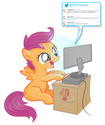 Size: 965x1149 | Tagged: safe, artist:catwhitney, fluttershy, scootaloo, pegasus, pony, g4, computer, female, filly, foal, happy, madeleine peters, mare, mlpproblems, open mouth, simple background, solo, transparent background, twitter