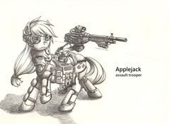 Size: 2480x1748 | Tagged: safe, artist:george5408, applejack, g4, armor, gun, monochrome, weapon