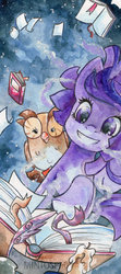 Size: 900x2022 | Tagged: safe, artist:mintospirit, owlowiscious, twilight sparkle, g4, book, grin, oil painting, painting, smiling, surreal, traditional art, windswept mane