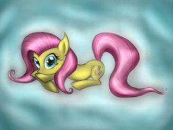 Size: 1024x768 | Tagged: safe, artist:ap0st0l, fluttershy, pony, g4, abstract background, female, looking at you, lying down, mare, prone, solo, wingless