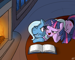 Size: 980x779 | Tagged: safe, artist:theparagon, trixie, twilight sparkle, g4, blushing, book, female, fireplace, lesbian, ship:twixie, shipping, smiling