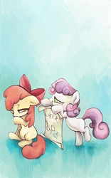 Size: 2500x4000 | Tagged: dead source, safe, artist:snufflin, apple bloom, sweetie belle, earth pony, pony, unicorn, g4, sad