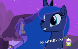 Size: 400x252 | Tagged: safe, screencap, princess luna, pony, g4, luna eclipsed, animated, cute, female, hub logo, lunabetes, open mouth, smiling, solo, talking, the fun has been doubled