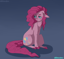 Size: 907x850 | Tagged: safe, artist:buljong, pinkie pie, earth pony, pony, g4, blushing, cute, eyebrows, female, floppy ears, fluffy, frown, looking away, sad, sitting, solo, thick eyebrows