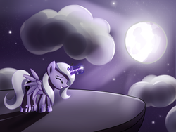 Size: 1600x1200 | Tagged: safe, artist:fajeh, princess luna, pony, g4, celestial mechanics, eyes closed, female, filly, moon, moon work, solo, woona