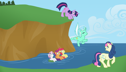 Size: 1336x770 | Tagged: safe, artist:bux, apple bloom, bon bon, lyra heartstrings, scootaloo, sweetie belle, sweetie drops, twilight sparkle, pony, unicorn, g4, bon butt, butt, plot, unicorn twilight