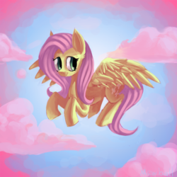 Size: 1000x1000 | Tagged: safe, artist:mewball, fluttershy, pony, g4, cloud, cloudy, female, flying, smiling, solo