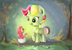 Size: 900x629 | Tagged: safe, artist:ellisarts, mimic (g1), parrot, pony, g1, female, filly, solo, younger