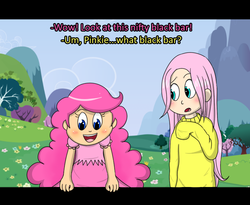 Size: 737x604 | Tagged: safe, artist:sweet-candy-girl, fluttershy, pinkie pie, human, g4, clothes, fourth wall, humanized, sweatershy