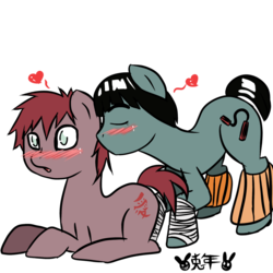 Size: 900x900 | Tagged: safe, artist:usagifriday, earth pony, pony, bandage, blushing, duo, eyes closed, gaara, gay, heart, male, naruto, ponified, rock lee, simple background, stallion, transparent background