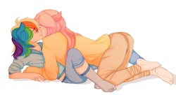Size: 800x436 | Tagged: safe, artist:astropulse, fluttershy, rainbow dash, human, g4, all fours, barefoot, eared humanization, eyes closed, feet, female, humanized, kissing, lesbian, lying down, on back, ship:flutterdash, shipping, smiling