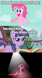 Size: 521x960 | Tagged: safe, pinkie pie, twilight sparkle, g4, brony, happy, image macro, pinkamena diane pie, sad