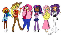 Size: 1280x753 | Tagged: safe, artist:neonlightwolf, applejack, fluttershy, pinkie pie, rainbow dash, rarity, twilight sparkle, human, g4, clothes, converse, dark skin, fat, humanized, pudgy pie, shoes, skirt