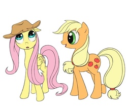 Size: 637x538 | Tagged: safe, artist:aymspony, applejack, fluttershy, g4, accessory swap, female, hat, lesbian, ship:appleshy, shipping