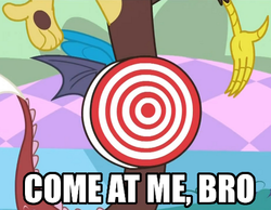 Size: 500x387 | Tagged: safe, discord, g4, bullseye, come at me bro, image macro, target