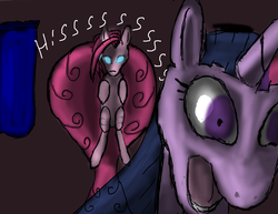 Size: 3300x2550 | Tagged: safe, artist:obscuredragom, pinkie pie, twilight sparkle, g4, creepy, high res
