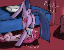 Size: 3300x2550 | Tagged: safe, artist:obscuredragom, pinkie pie, twilight sparkle, g4, duo, glowing eyes, high res