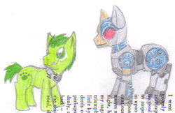 Size: 315x204 | Tagged: safe, artist:metalatias5, beast boy, book, cyborg (dc comics), ponified, sideways text, teen titans go