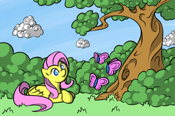 Size: 1200x800 | Tagged: dead source, safe, artist:oblivinite, fluttershy, butterfly, pegasus, pony, g4, female, mare, smiling, solo, tree