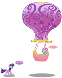 Size: 2176x2700 | Tagged: safe, artist:mlpazureglow, minty, twilight sparkle, earth pony, pony, unicorn, g3, g4, balloon, female, g3 to g4, generation leap, high res, hot air balloon, mare, oh minty minty minty, show accurate, simple background, this will not end well, to the infinity and beyond, toy story, transparent background, twinkling balloon, unicorn twilight