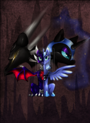 Size: 900x1238 | Tagged: safe, nightmare moon, princess luna, alicorn, dragon, pony, g4, crossover, cynder, dragoness, female, mare, sitting, spread wings, spyro the dragon (series), the legend of spyro, wings