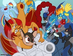 Size: 800x610 | Tagged: safe, artist:dutchmouse, blaze, descent, manny roar, nightshade, rainbow dash, soarin', spitfire, armadillo, manticore, g4, apple, biting, clothes, costume, ear bite, elp, emerson lake and palmer, progressive rock, shadowbolts, shadowbolts costume, tarkus, wat, wonderbolts, wtf