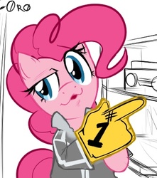 Size: 334x377 | Tagged: safe, artist:0r0ch1, pinkie pie, earth pony, pony, g4, american psycho, dubs, dubs guy, female, foam finger, get, image macro, index get, meme, patrick bateman, ponified, ponk, raincoat, simple background, solo, white background