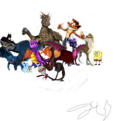 Size: 2000x2000 | Tagged: safe, rainbow dash, bandicoot, dog, dragon, human, pegasus, pony, wolf, wolfdog, anthro, g4, balto, batman, crash bandicoot (series), crossover, cynder, draco, draco (dragonheart), dragoness, dragonheart, female, high res, how to train your dragon, invader zim, male, mare, saphira, simple background, spongebob squarepants, spyro the dragon, spyro the dragon (series), the legend of spyro, toothless the dragon, white background