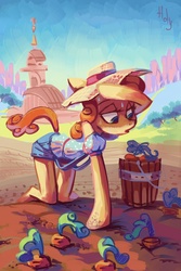 Size: 2299x3448 | Tagged: safe, artist:holivi, carrot top, golden harvest, earth pony, anthro, g4, bucket, clothes, cottagecore, female, garden, hat, high res, mare, solo, sweat