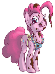 Size: 994x1326 | Tagged: safe, artist:derkrazykraut, pinkie pie, earth pony, pony, g4, apron, chocolate, clothes, female, food, frosting, messy, solo