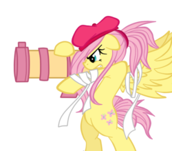 Size: 400x350 | Tagged: safe, artist:oathkeeper21, fluttershy, pegasus, pony, g4, alternate hairstyle, badass, beret, bipedal, cannon, female, flutterbadass, hat, mare, ponytail, rocket launcher, simple background, solo, transparent background, weapon