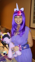Size: 1095x1920 | Tagged: artist needed, safe, twilight sparkle, human, g4, canterlot gardens convention, cosplay, irl, irl human, photo, plushie, solo, tara strong, twilightlicious, voice actor