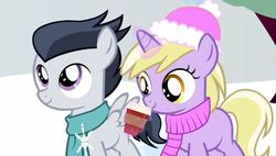 Size: 561x319 | Tagged: safe, artist:sillyfillystudios, dinky hooves, rumble, pegasus, pony, unicorn, g4, clothes, colt, cup, female, hat, hot chocolate, male, rumbledink, scarf, snow, snowfall, snowflake, tuque