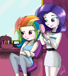 Size: 1158x1302 | Tagged: safe, artist:zorbitas, rainbow dash, rarity, human, g4, brushie, humanized, tomboy taming