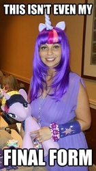 Size: 338x600 | Tagged: artist needed, safe, twilight sparkle, human, pony, canterlot gardens convention, cosplay, image macro, irl, irl human, meme, meta, photo, plushie, solo, tara strong, this isn't even my final form