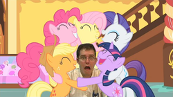 Size: 735x413 | Tagged: safe, edit, edited screencap, screencap, applejack, fluttershy, pinkie pie, rarity, twilight sparkle, earth pony, human, pegasus, pony, unicorn, g4, angry video game nerd, crossover, female, fixed, glasses, group hug, hug, irl, irl human, male, mane six, mare, photo