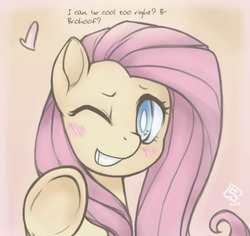 Size: 583x551 | Tagged: dead source, safe, artist:soulspade, part of a set, fluttershy, pegasus, pony, g4, blushing, bronybait, female, fourth wall, heart, hoofbump, mare, one eye closed, solo, underhoof, wink