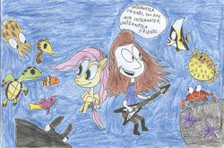 Size: 900x594 | Tagged: safe, artist:sithvampiremaster27, fluttershy, fish, g4, crossover, flying v, guitar, i think i found nemo, metalocalypse, toki wartooth