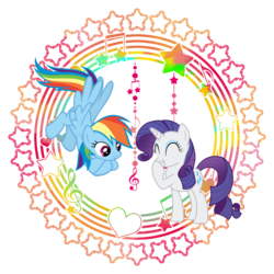 Size: 1200x1200 | Tagged: safe, artist:lucretianightgrave, artist:uretianightgreave, rainbow dash, rarity, g4, eyes closed, female, flying, giggling, grin, heart, lesbian, music notes, ship:raridash, shipping, simple background, smiling, stars, transparent background, vector