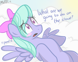 Size: 1280x1024 | Tagged: safe, artist:somnias, flitter, pegasus, pony, g4, blushing, cloud, dialogue, female, mare, nervous, on back, parody, pomf, sky, solo, spread wings, what are we gonna do on the bed?, wingboner, wings