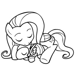 Size: 945x945 | Tagged: safe, artist:megasweet, fluttershy, pegasus, pony, g4, beta ray bill, black and white, eyes closed, female, grayscale, lineart, lying, mare, monochrome, simple background, white background