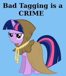 Size: 525x600 | Tagged: safe, clover the clever, twilight sparkle, pony, unicorn, derpibooru, g4, annoyed, blue background, derpibooru propaganda, female, frown, glare, meta, mouthpiece, simple background, solo, tagging, text