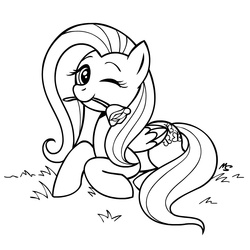 Size: 945x945 | Tagged: safe, artist:megasweet, fluttershy, pegasus, pony, g4, black and white, female, flower, flower in mouth, grayscale, lineart, lying, mare, monochrome, mouth hold, one eye closed, prone, rose, simple background, solo, white background, wink