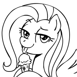 Size: 945x945 | Tagged: safe, artist:megasweet, fluttershy, pegasus, pony, g4, black and white, bust, female, grayscale, ice cream, ice cream cone, licking, mare, monochrome, simple background, solo, tongue out, white background