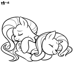 Size: 962x962 | Tagged: safe, artist:megasweet, fluttershy, trixie, pegasus, pony, unicorn, g4, black and white, eyes closed, female, grayscale, lesbian, lineart, lying, mare, monochrome, shipping, simple background, sleeping, trixieshy, white background