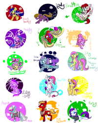 Size: 2100x2625 | Tagged: safe, artist:cotton, baby bouncy, big macintosh, bowtie (g3), brightglow, brights brightly, clover (g1), lily lightly, melody, paradise, photo finish, rarity, sea breeze, shady, sky skimmer, sweet berry, earth pony, pegasus, pony, unicorn, g1, g2, g3, g4, my little pony tales, my little pony: pony life, bipedal, clothes, female, high res, kneeling, male, stallion, sweater, tropical ponies