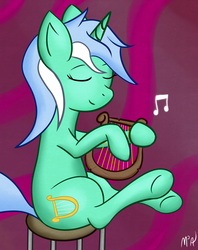 Size: 1210x1527 | Tagged: dead source, safe, artist:mostlyponyart, lyra heartstrings, earth pony, pony, g4, eyes closed, female, lyre, music, music notes, sitting, smiling, solo, stool