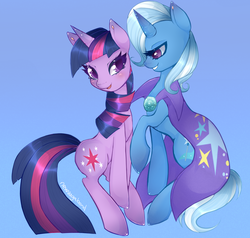 Size: 2335x2220 | Tagged: safe, artist:newvagabond, trixie, twilight sparkle, pony, unicorn, g4, blushing, duo, female, happy, high res, lesbian, mare, ship:twixie, shipping, smiling, unicorn twilight